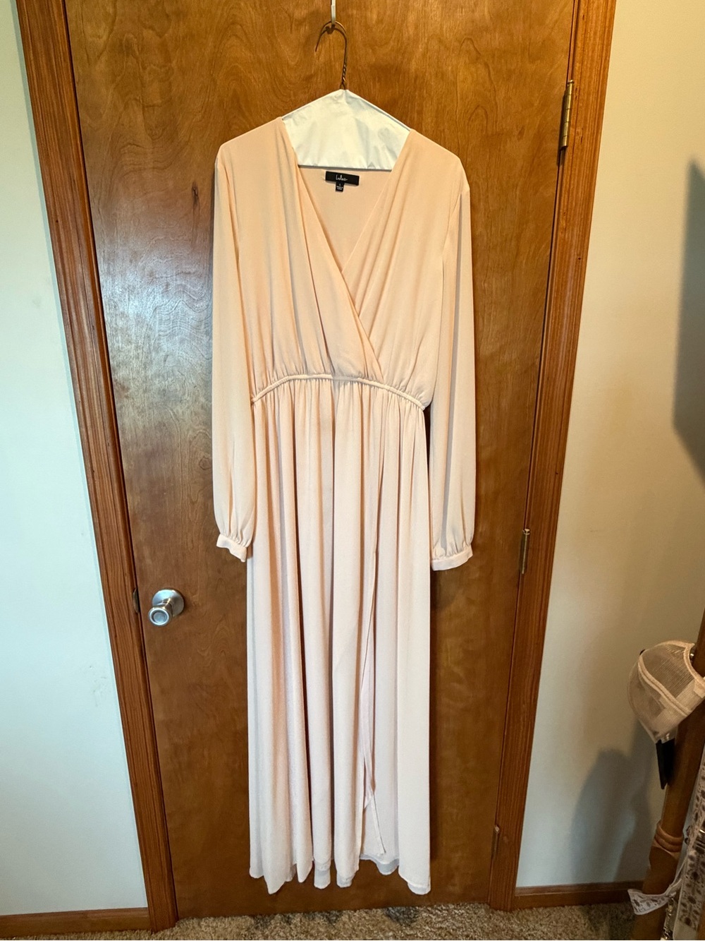 Lulu's Blush Peach Long Sleeve Surplice Maxi Dress